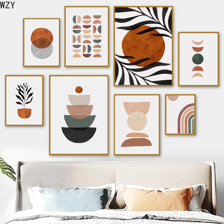 

Rainbow Moon Sun Leaves Abstract Geometry Wall Art Canvas Nordic Posters And Prints Wall Pictures For Living Room DecorPainting