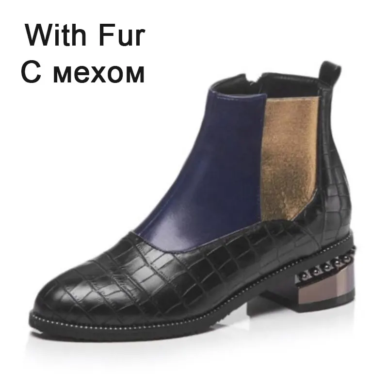 blue with fur RIZABINA, размеры 32-48, женские ботинки теплые зимние ботильоны «Челси» на меху женская обувь короткие ботинки с разноцветными бусинами женская обувь - Цвет: blue with fur