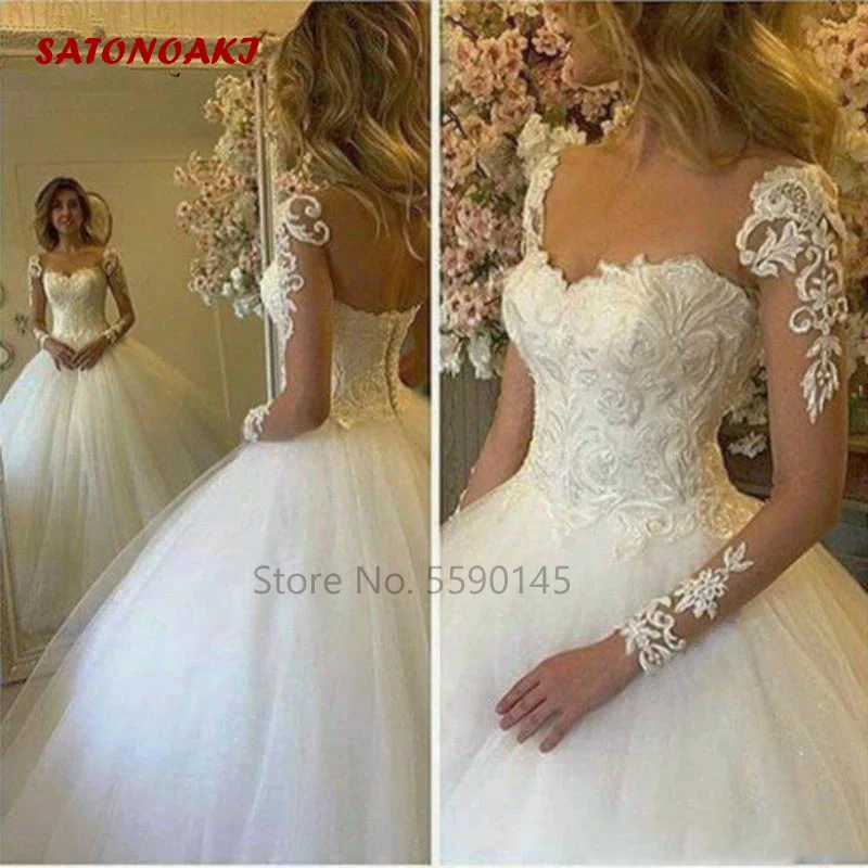 

2022 Lace Ball Gown Wedding Dress with Long Sleeves Sheer Neck Sweep Train Princesa Vestido De Novia Robe Mariage Online Shop