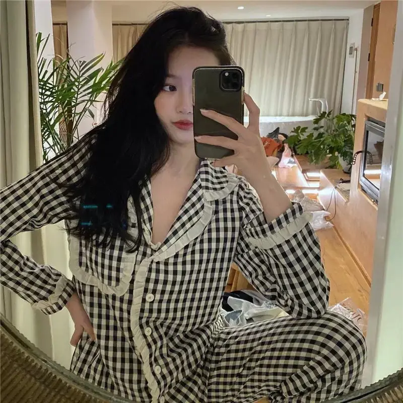 

QWEEK Plaid Sleepwear Korean Pajamas for Women Lace Pyjamas 2 Piece Set Autumn 2021 Pijamas Long Sleeve Loungewear Homewear Pjs
