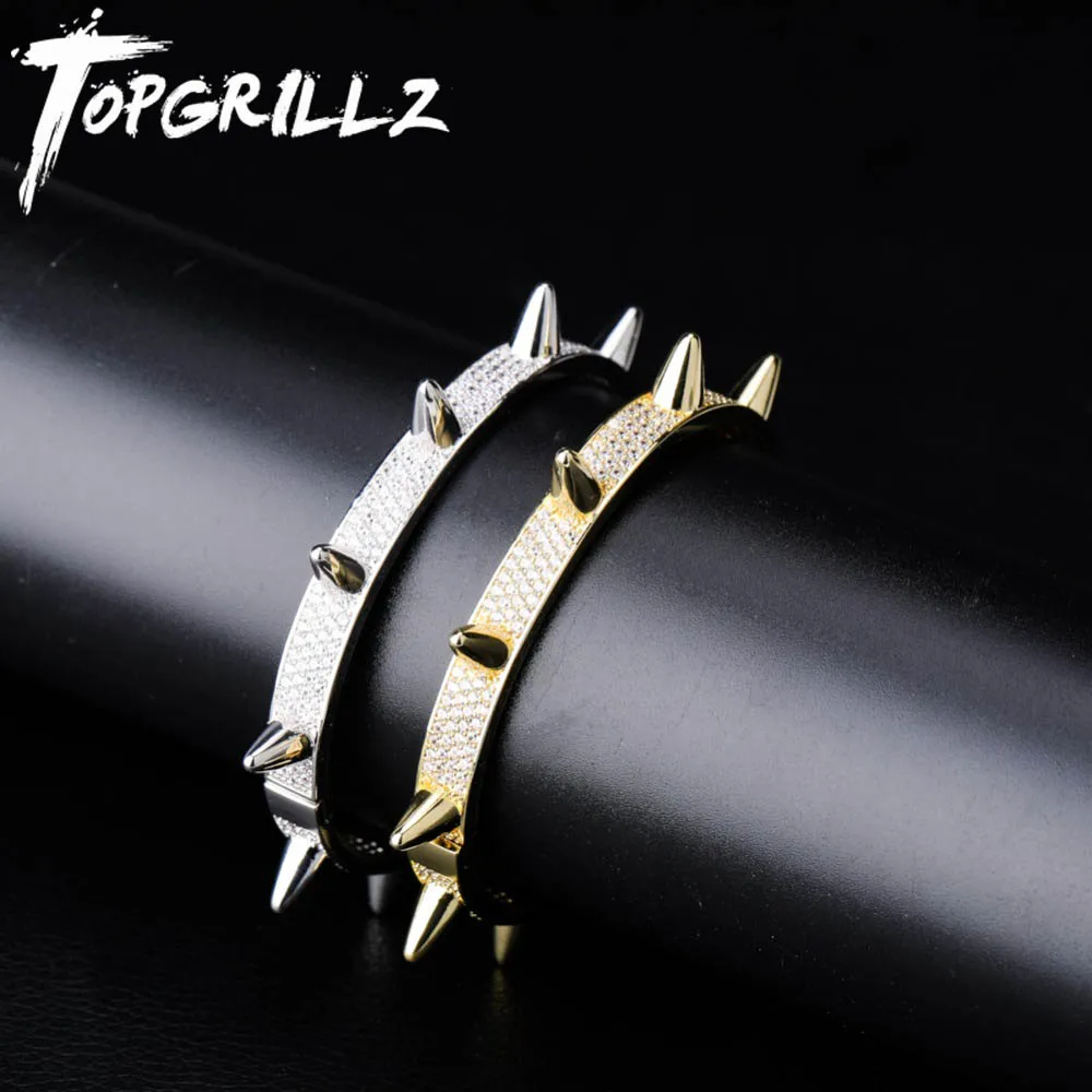 

TOPGRILLZ Spikes Bangles Rivet Cone Stud Cuff Twist Thorns Bracelets Iced Out Cubic Zircon Bling Hip Hop Jewelry For Men