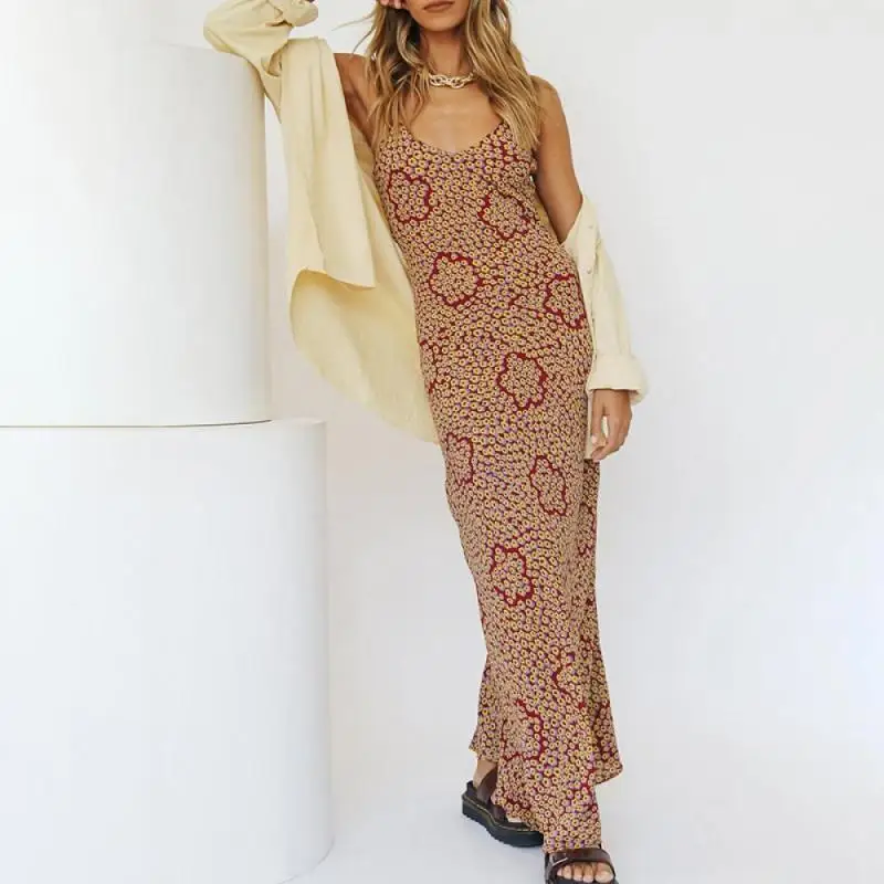 

Mid-Length Dress Women's Summer New Style Long Dress Fashion Temperament Elegant Dresses for Women Sling Floral Dress