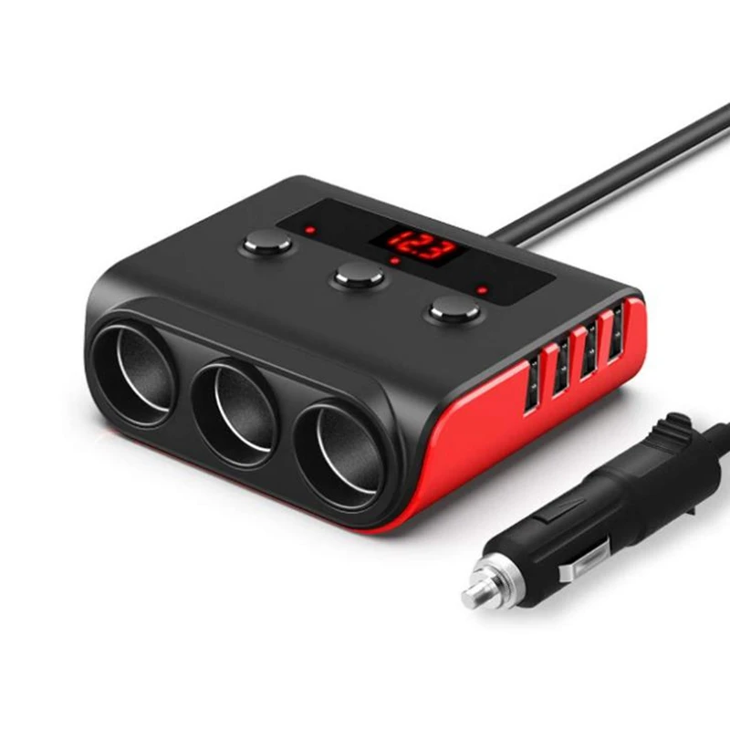 

12V/24V Car-Cigarette Lighter Splitter Adapter 100W Car Charger with 4 USB Ports and 3 Sockets for GPS Dash Cam iPhone