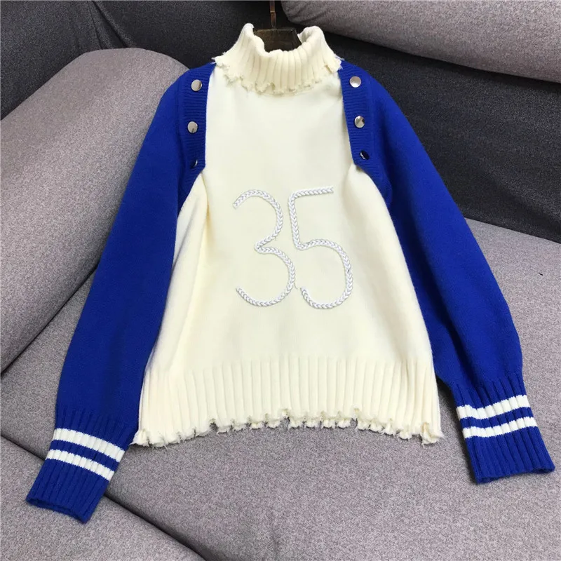 

Luxury Brand Designer Knitted Sweater for Women Causel Turtleneck Contrast Color Patchwork Detachable Digital Knitted Pullover