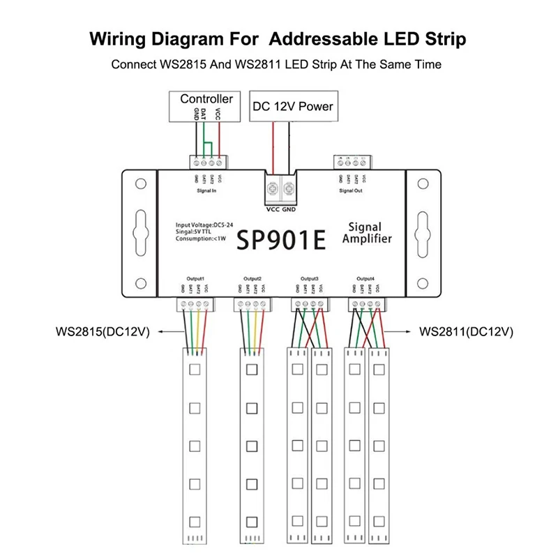SP901E SPI усилитель сигнала для WS2812B WS2811 WS2813 пикселей RGB Светодиодные ленты Репитер