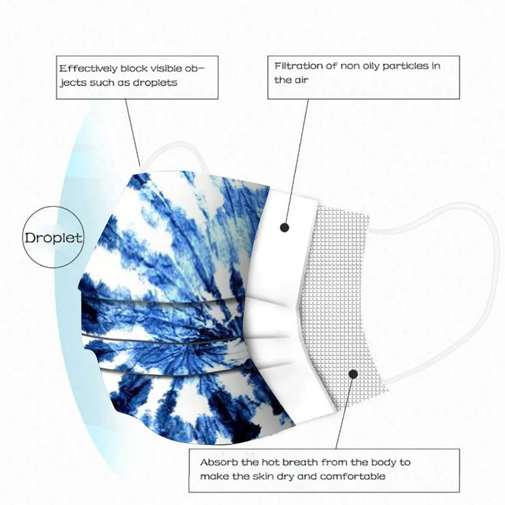 

50PC Adult Fashion Tie-dye Print Disposable Protection Three Layer Face Mask Anti Dust Mouth Protect Mascarillas Face Shield