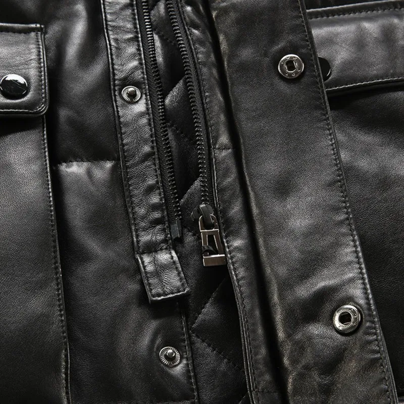 

Luxury Winter Mens Mid Long Down Jacket Sheepskin Genuine Leather Coat Motor Biker Slim Fit Windbreaker Overcoat Hoody Jackets
