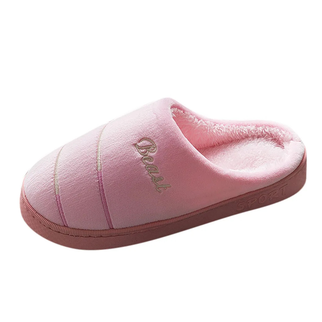 Pink Однотонные женские домашние тапочки из флока в полоску с буквенным принтом; теплые домашние тапочки на нескользящей подошве для пар; повседневная женская домашняя обувь - Цвет: Pink