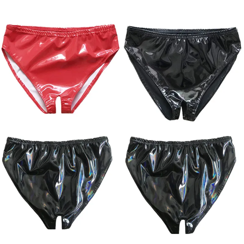 

Women Erotic Lingerie Crotchless Men Sissy Panties Wetlook Faux Leather G-String Briefs Sexy Bikini Latex Underwear Sleepwear