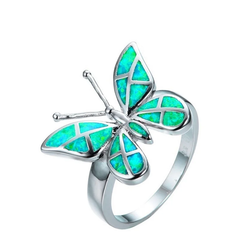

FYSL Silver Plated Many Colors Opalite Opal Butterfly Shape Finger Ring for Anniversary Gift Jewelry