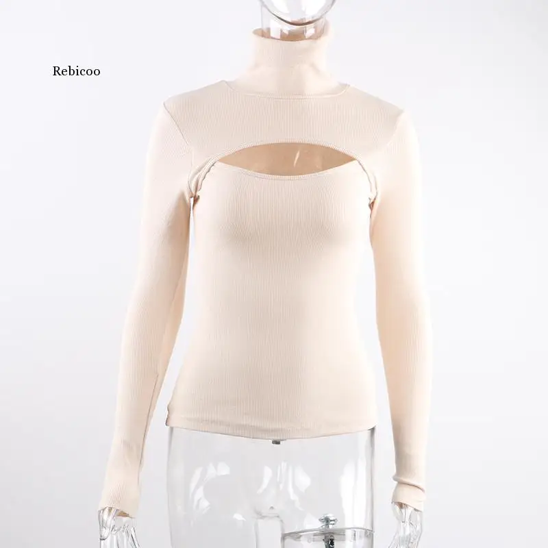 

Ribber Knitted Turtleneck Top Women Hollow Out Casual Long Sleeve t Shirt Skinny Autumn Winter Slim Tee Lady Clothing
