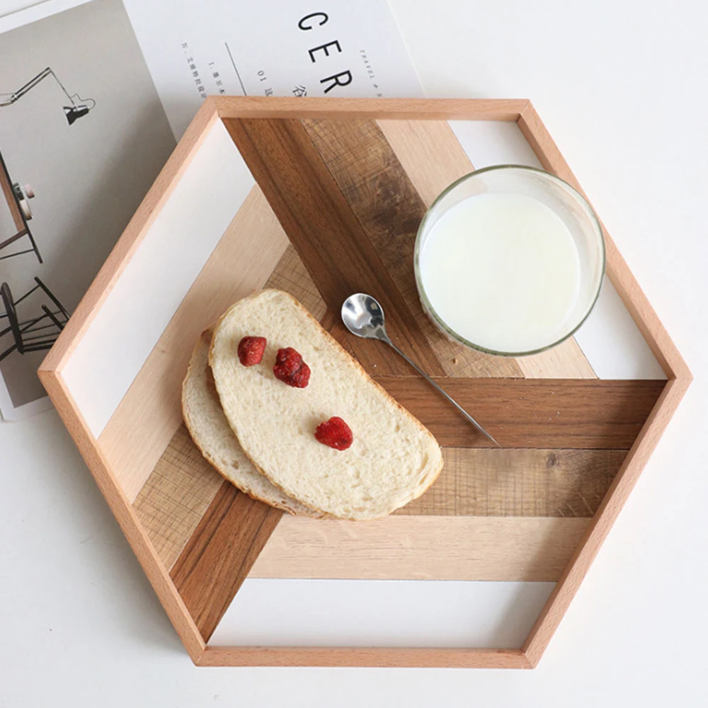 

3D Wooden Serving Tray Decorative Tray Hexagonal Baking Trays Decorative Wood Plate Tea Food Server Dishes For Home Kitchen