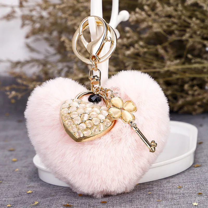 Персиковая Любовь Сердце меховой брелок женский прекрасный Кристалл Шарм