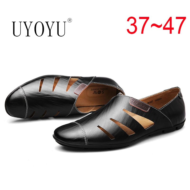 

Luxury Brands Sandals Shoes For Men Plus Size Slippers Summer Driving Genuine Leather Casual Driver Beach Dad Outdoor Soft Soled