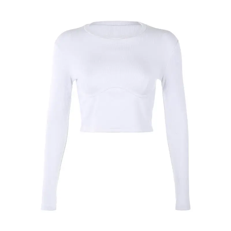 

Characteristic chest base T-shirt women's long sleeve 2021 new short open navel Street solid color European and American top
