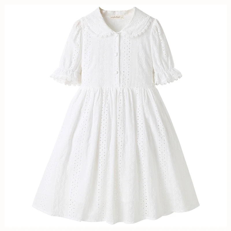 

2021 Summer Kids Clothes Children Dresses Short Sleeve White Baby Collar Pure Cotton Princess Skirt for Toddler Girls Clothing