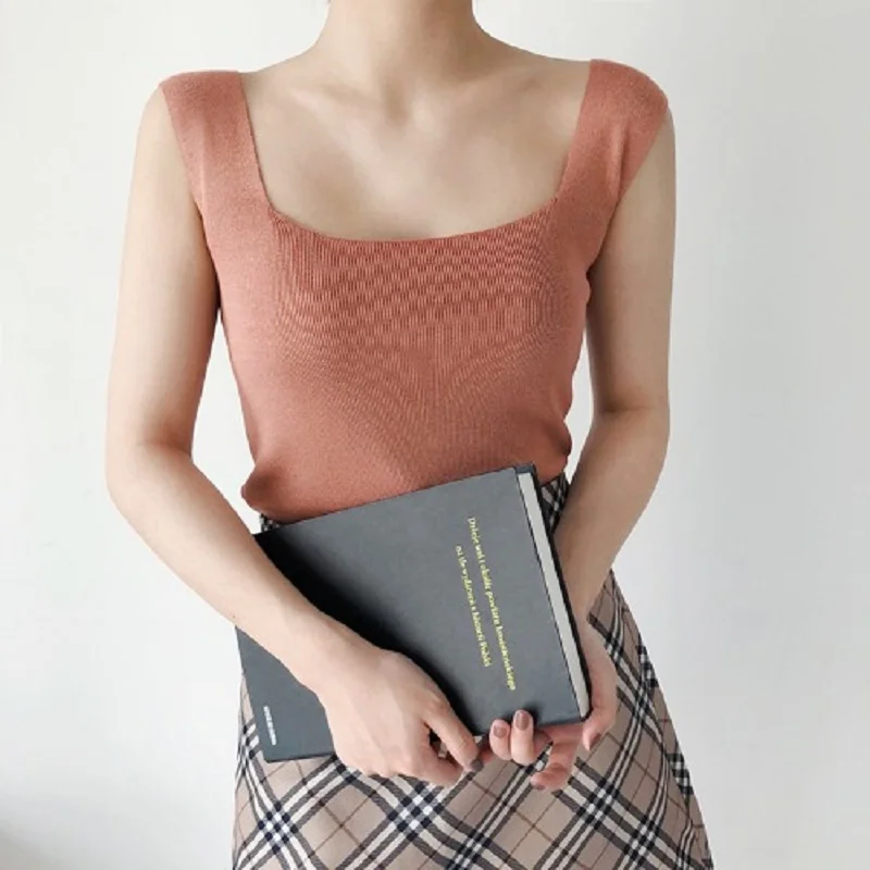 

Knitted sling ice silk vest women's summer bottoming shirt wearing square collar and self-cultivation Korean top tide