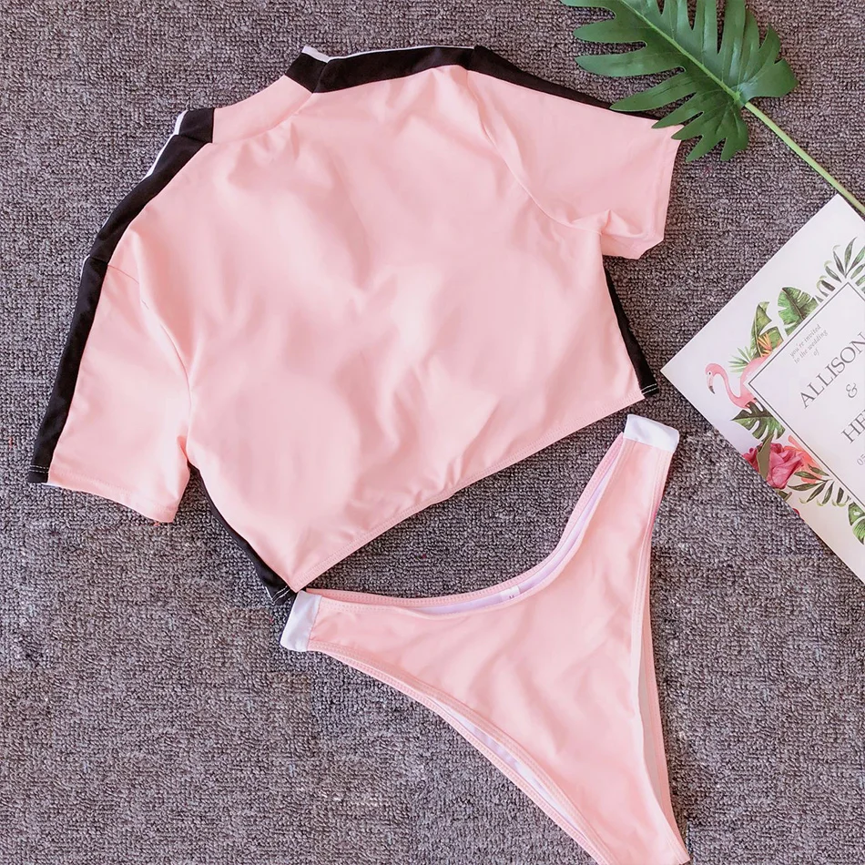 Женский купальник с короткими рукавами однотонный подкладкой пуш ап на молнии