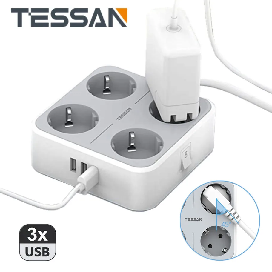 

TESSAN Wall Mountable 1.5M/5ft Extension Wire Power Strip with Switch 3 USB Ports LED Light 4 Outlets of EU Multi Outlets Socket