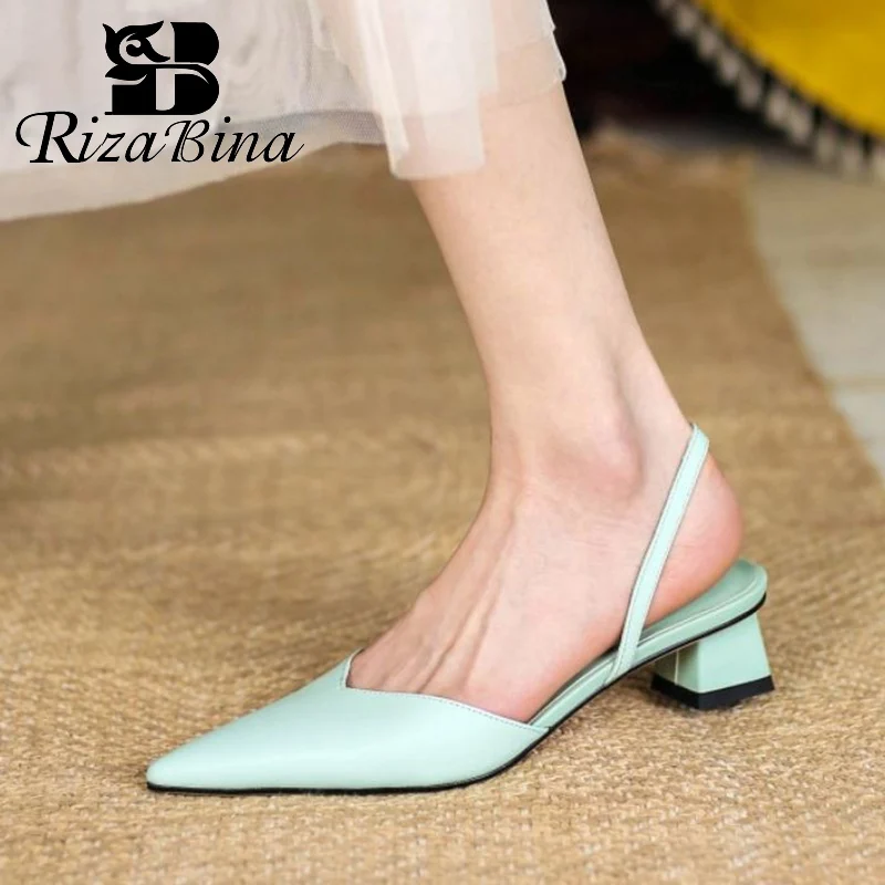 

RIZABINA 2021 Summer Sandals Shoes Women Pointed Toe Low Heel Slip On Solid Color Daily Fashion Ladies Footwear Size 34-39