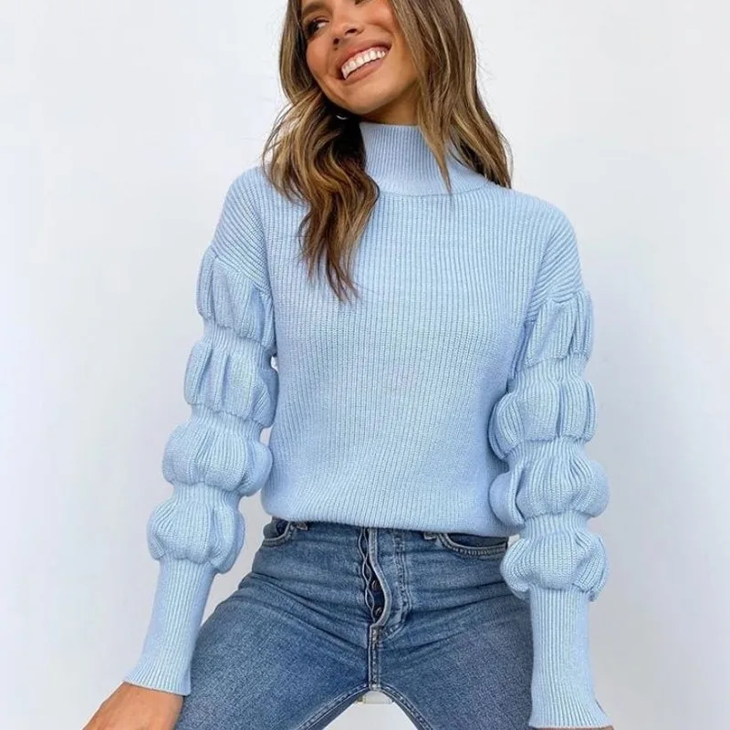 

2020 Autumn Winter New Ladies Sweater Fashion High Neck Long-sleeved Ruffle Casual Loose Soft Purple Blue Turtleneck Sweaters
