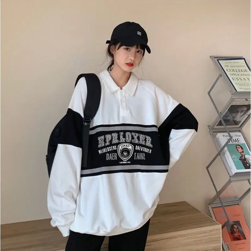 

Contrasting color sweatshirt polo collar women stitching academy pullover buttons winter new loose Korean simple versatile tops