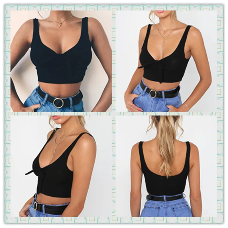 

2020 Short Black Camisole Women Sexy Slim Crop Top V-Neck Female Tank Tops Exposed Navel Bow Wrapped Chest Summer Tops