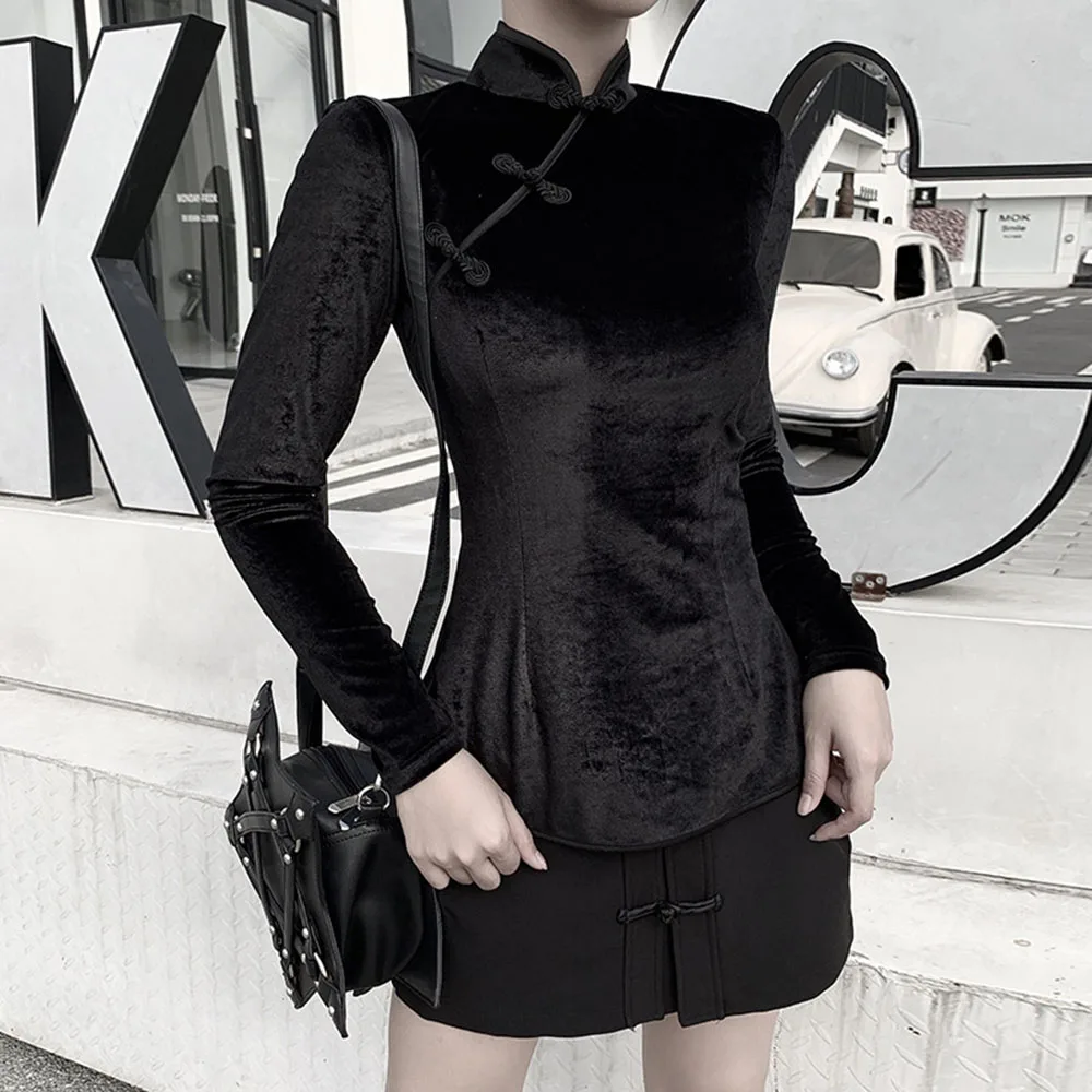 Женский винтажный Топ Cheongsam черный облегающий с длинным рукавом черные футболки