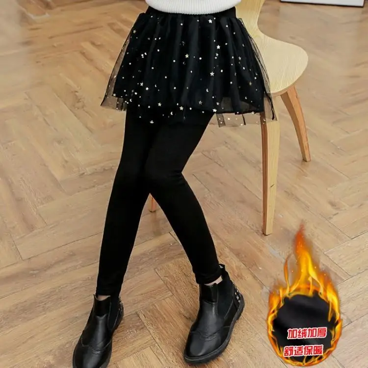 Зимние хлопковые плотные леггинсы с юбкой для девочек черные высокой талией и
