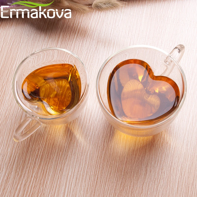 ERMAKOVA Coffee Mug Double Walled Insulated Coffee Tea Beer Cup Glass Heart Shape Espresso Cappuccino Latte Milk Mug Drinkware