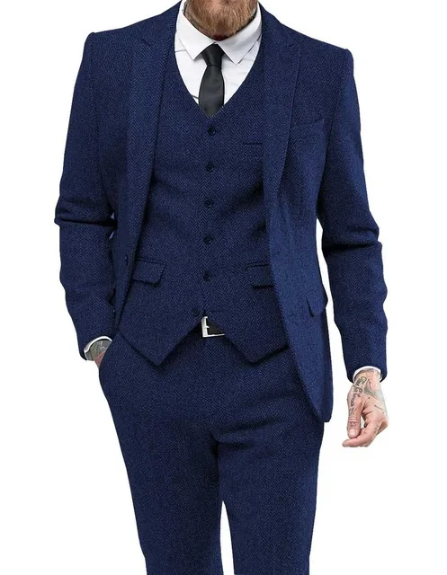 

Royal Blue Tweed Men's 3 pieces Suits Business Notch Lapel Herringbone Tuxedos Groomsmen For Wedding Slim (Jacketr+Vest+Pants)