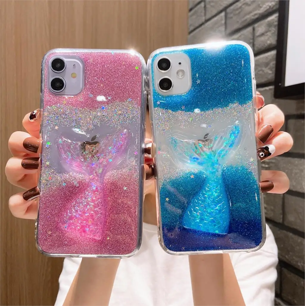 

Luxury Shiny 3D Shell Fishtail Phone Case For Huawei P40 P30 P20 Honor 9X 20 30 30S V30 Pro Plus Soft Silicone Transparent Cover