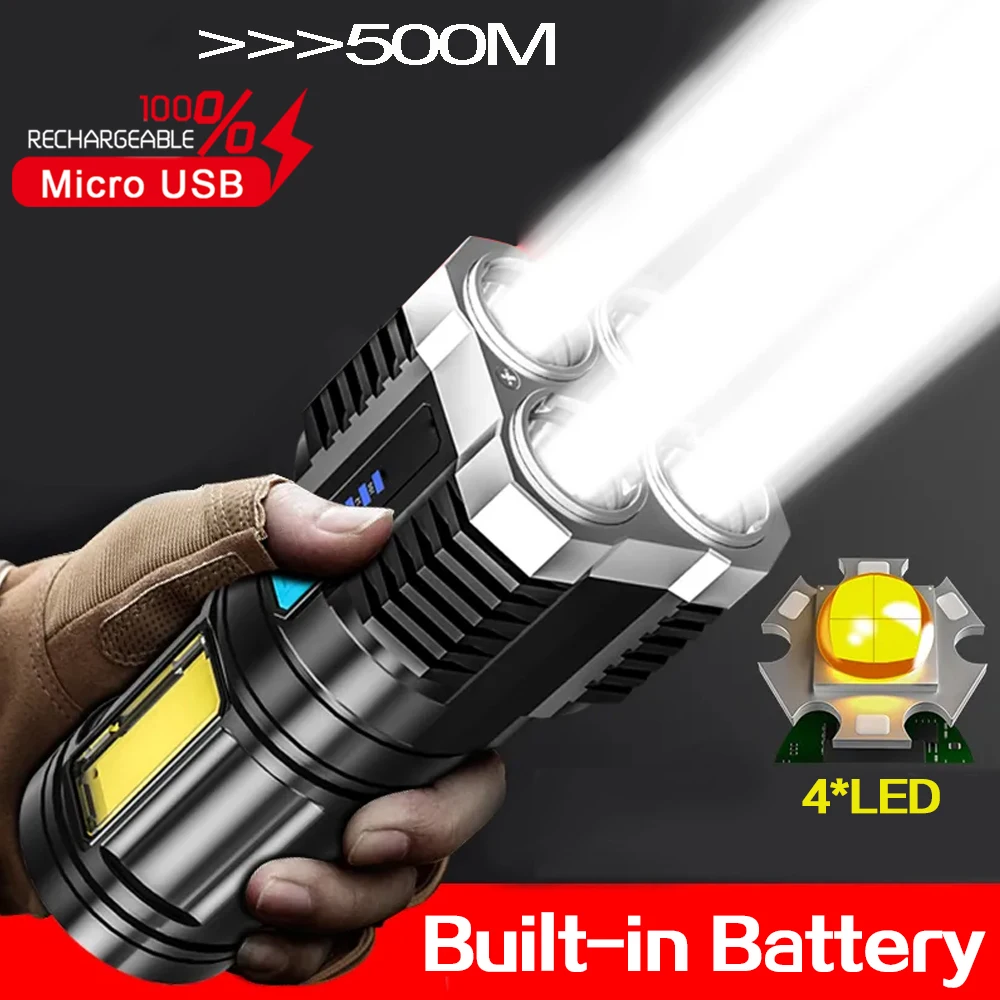 500000lumens  4*Led Flashlight Strong Light USB RechargeableTorch Lanterna Portable Flashlight Torches COB Work Light Lantern