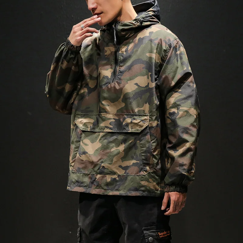 

Men's trendy sportswear high neck hooded half zippered jacket with loose top size and camouflage jacket on both sides