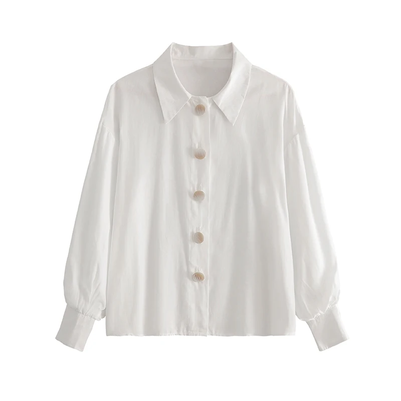

2021 Autumn Women Blouses Polo Collar OL Solid Elegant Long Sleeve Shirt Big Button Office Lady White Shirts Women Blusas 10668