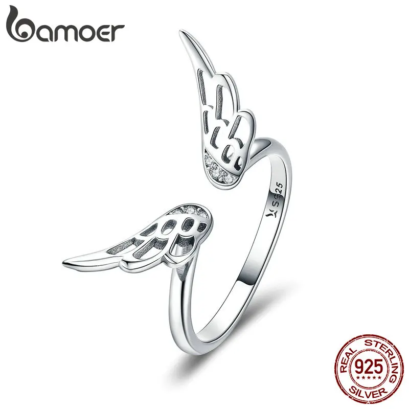 BAMOER, подлинные, 925 пробы, серебряные, классические, перья, крылья, регулируемые, на палец, кольца для женщин, для свадьбы, помолвки, ювелирные изделия SCR457