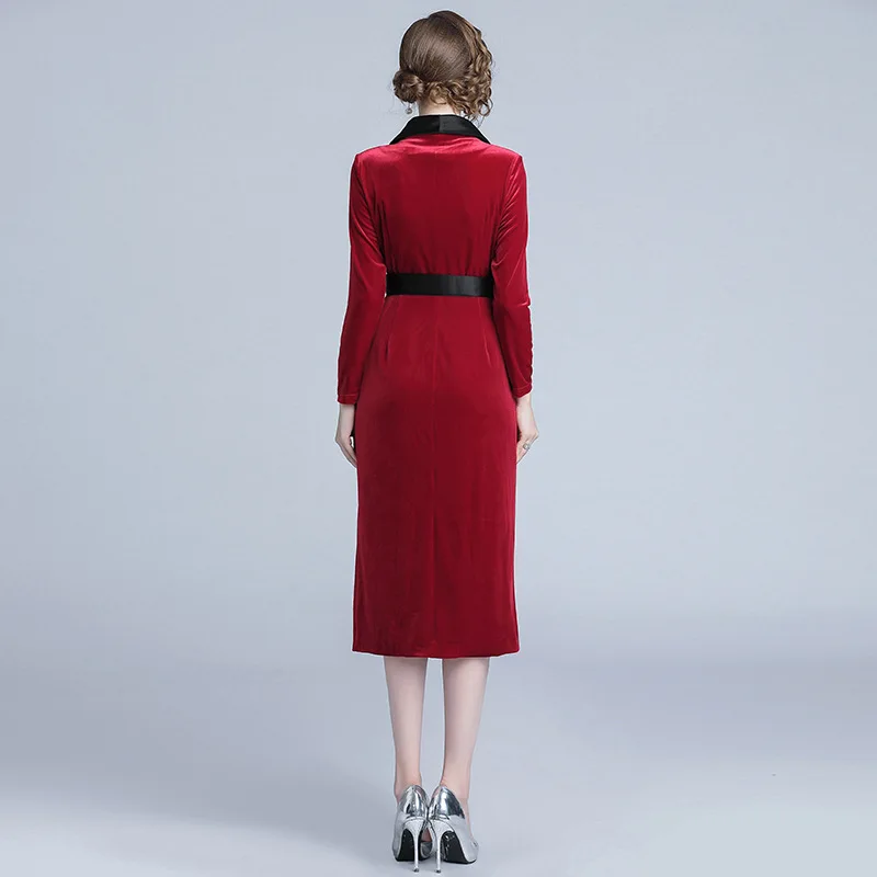 

Women's 2019 autumn and winter clothing new slim tie gold velvet dress in the long suit collar temperament bag hip Dresses