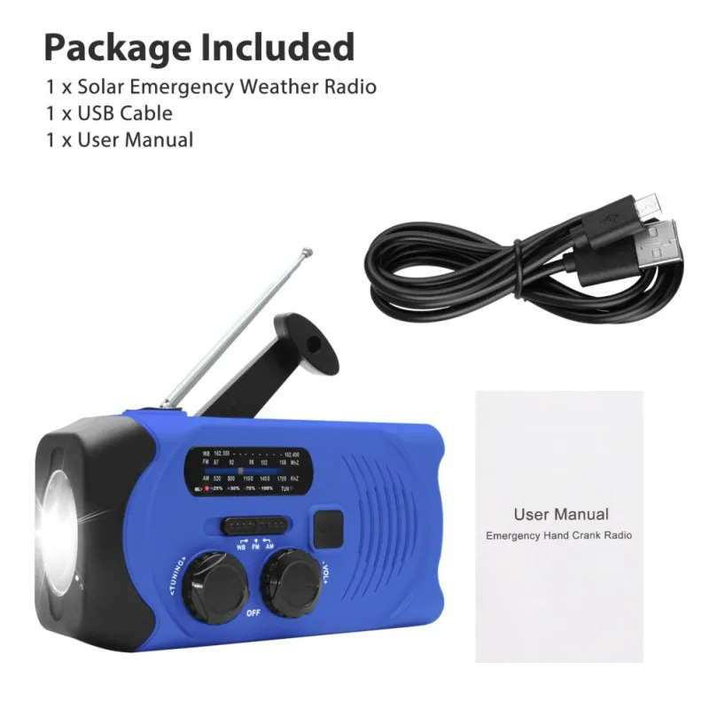 

Emergency Weather Radio AM/FM/NOAA Solar Crank Radio With Bright Flashlight SOS Alarm 2000mAh Power Bank