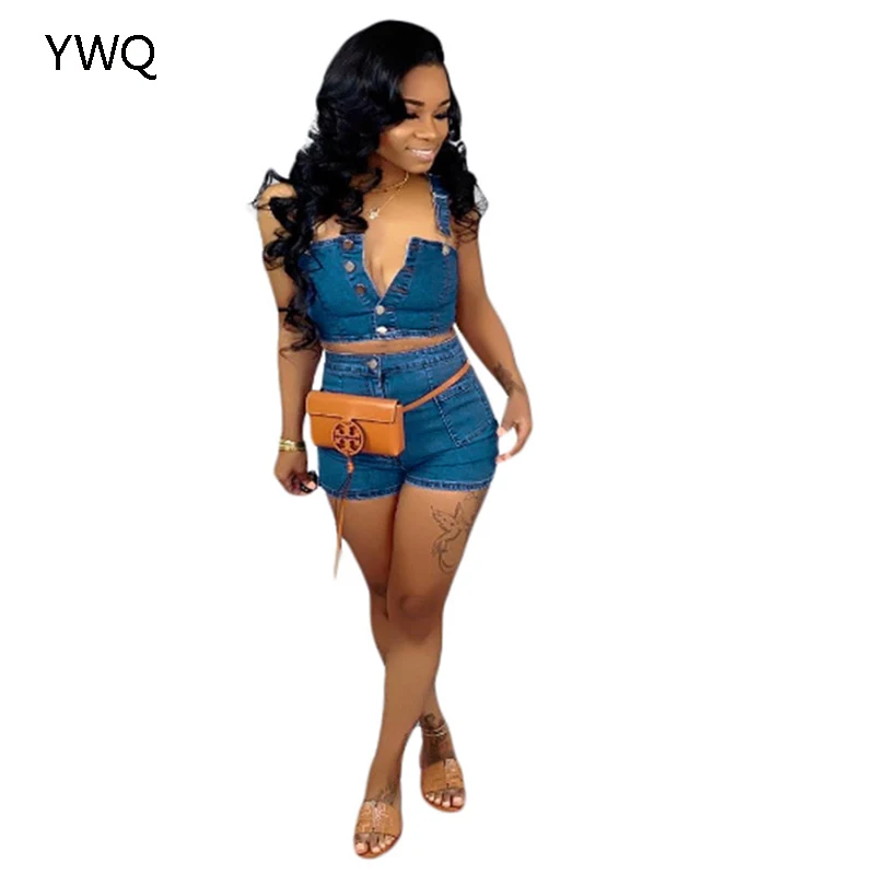 

Two Pieces Sexy Denim Shorts Set Women Summer Bodycon Party Rompers Fashion Skinny Set Female Strap Plysuit Overalls Ladies Suit
