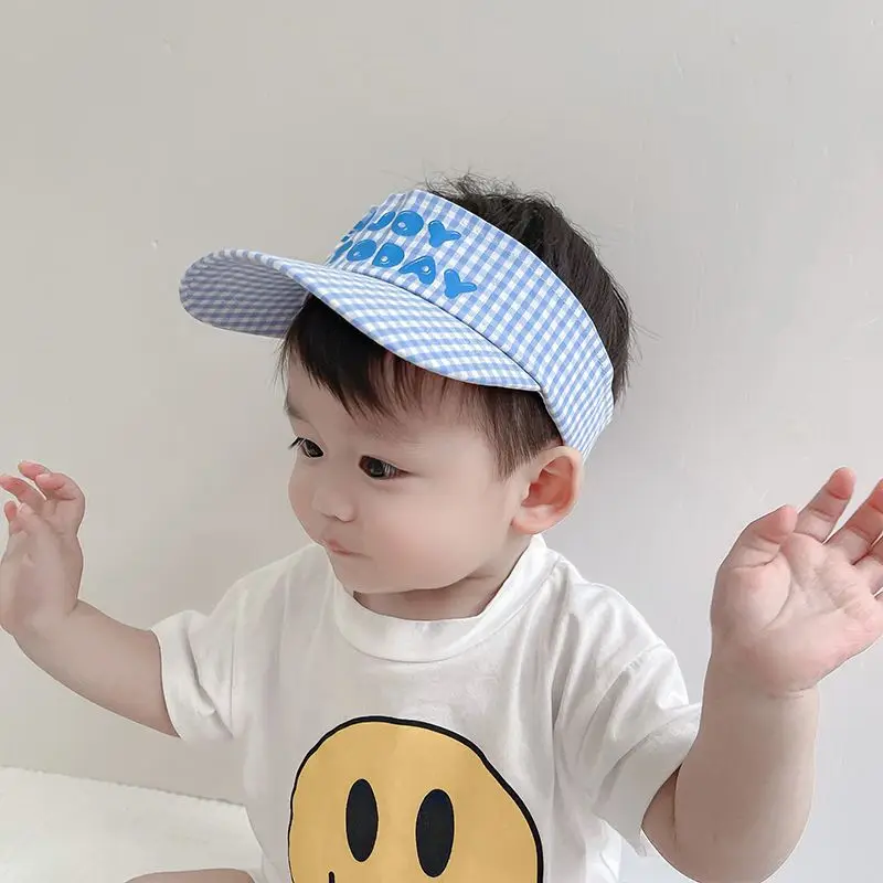 

2022 New Summer Kids Empty Top Hat Korean Grid Letter Baby Boys Girls Sun Hats Adjustable Children Panama Beach Baseball Caps