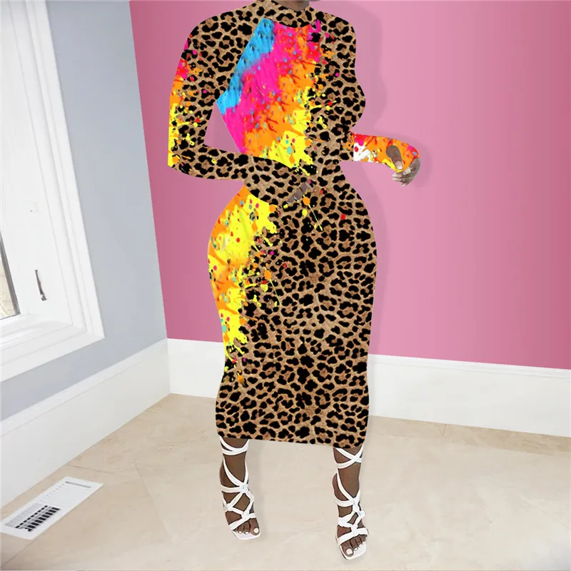 

Womens Casual Autumn Long-sleeved Dress Fashion Leopard Print Color Block Skinny Dress Long Dresses Long Ladies Club Vestidos