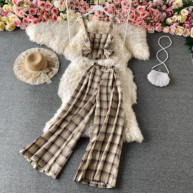 

FTLZZ Summer New Arrival Women Vintage Plaid Sleeveless Sling Top High Waist Loose Casual Wide-leg Pants Ladies Two Piece Set