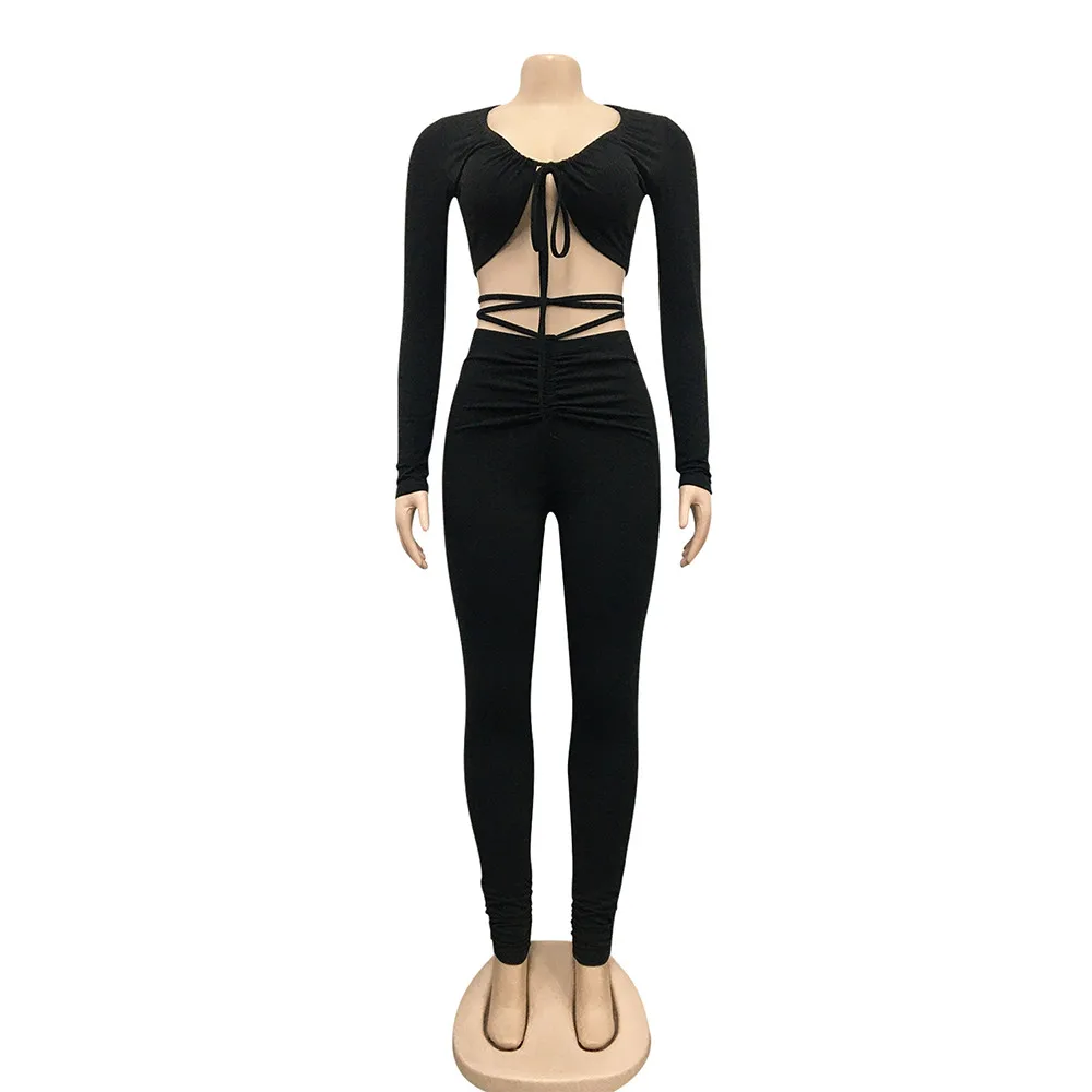 

Fluorescence Green Fitness Two Piece Suit Women's Clothes 2021 Drawstring Full Sleeve Crop Top and Draped Skinny Legging New