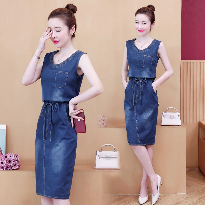 Женское джинсовое платье размера плюс 5XL весеннее из джинсовой ткани на бретелях