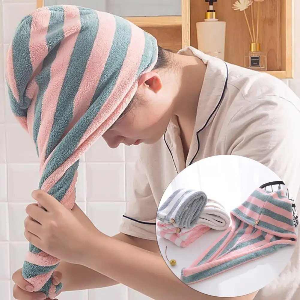

Soft Useful Shower Spa Head Towel Coral Fleece Hair Towel Wrap Striped Pattern Beauty Salon Striped Shower Cap Dry Hair Towel