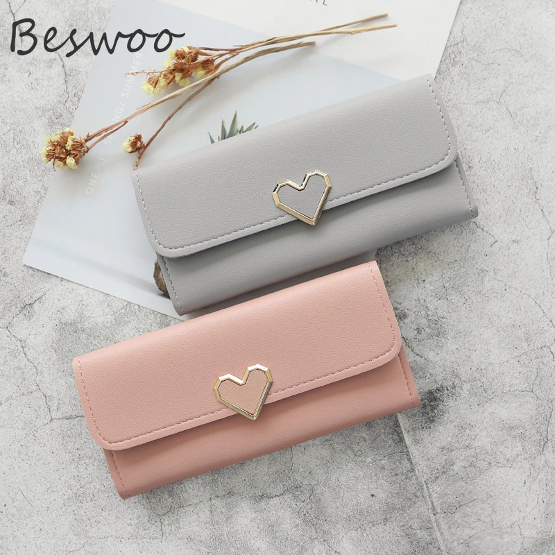 

Women's Wallet New PU Leather Heart-Shaped Decoration Clutch Long Card Holder Mobile Phone Wallet for Women Buckle Purse Clutch