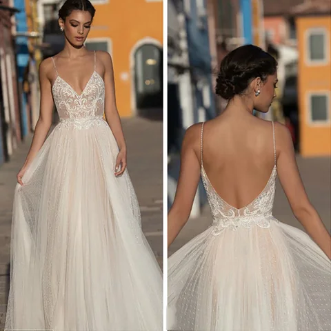 Eightree Beach Wedding Dress Boho vestido de noiva Bohemian Lace Bridal Dress Backless Spaghetti Straps V Neck Wedding Gowns