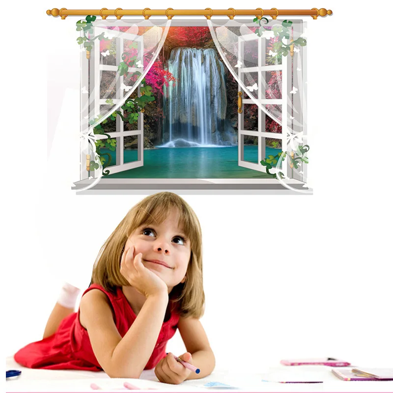 3D наклейки на стену с имитацией окна пейзаж водопада роспись художественная