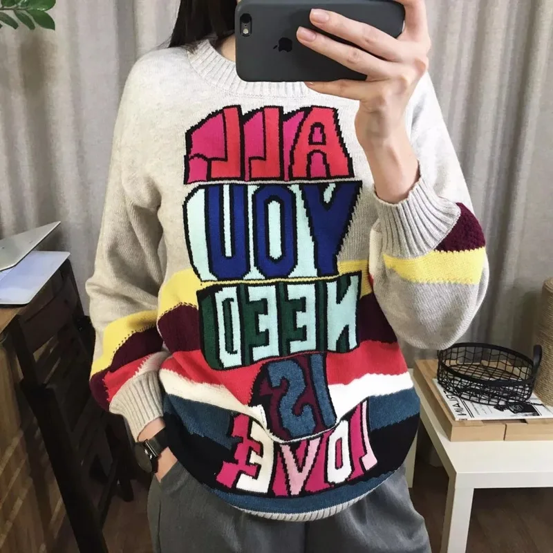 

Thick shirt designer 2021 Autumn, hot sweater stylish rainbow letters jacquard women's knitted or crocheted knitted collar round
