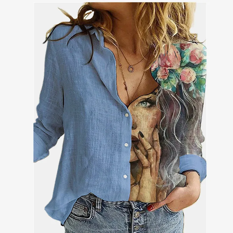 

New Casual Cute Cats Print Blouse Shirts Women Vintage Button Turn-Down Collar Tops Office Lady Elegant Long Sleeve Shirts Tops